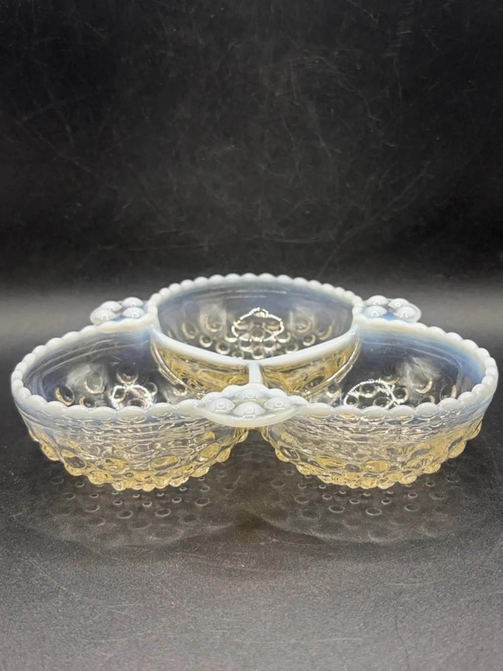Vintage Opalescent Moonstone Hobnail Clear White Glass Divided Serving Dish